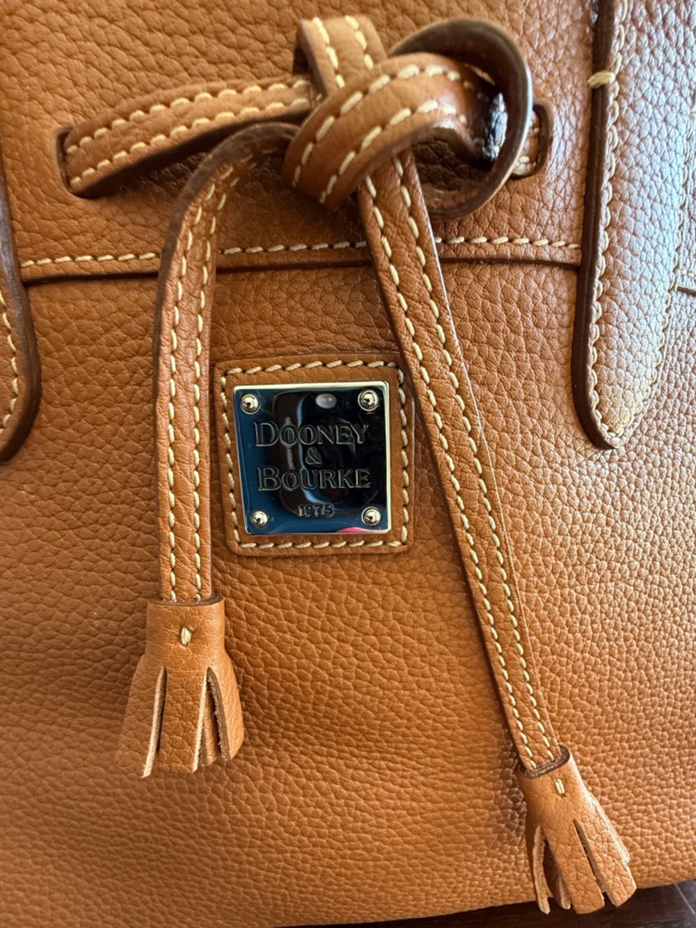 Vintage Dooney & Bourke Tan Pebble Leather Medium Tassel Tote - Picture 3 of 14